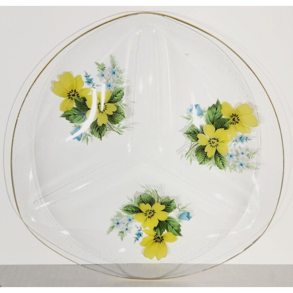 Chance Glass Floral Divided Plate Platter Decorative MCM Vtg Yellow Gold 9 1/2in